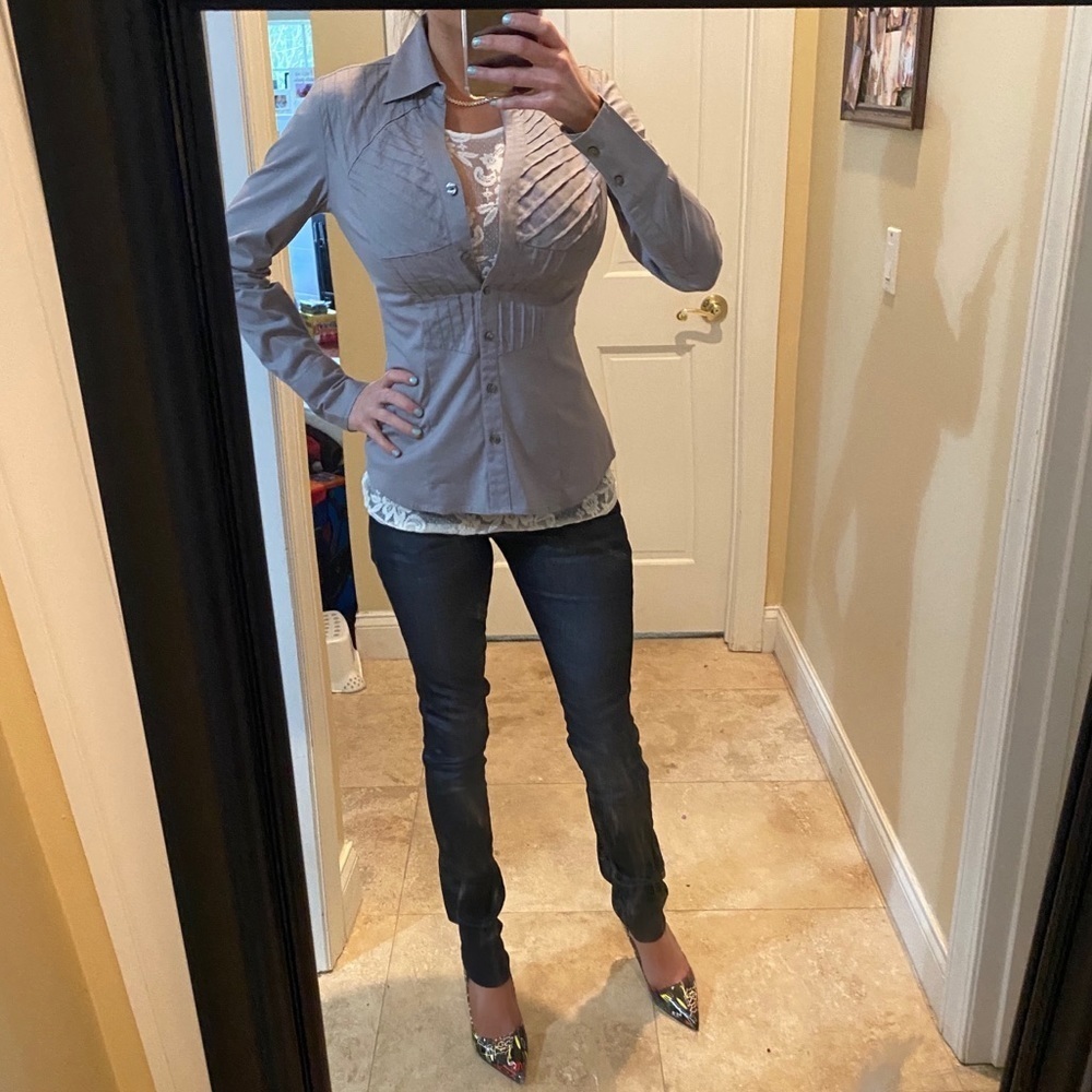 Express Gray Button Up Pleated Front Details Xs - image 7